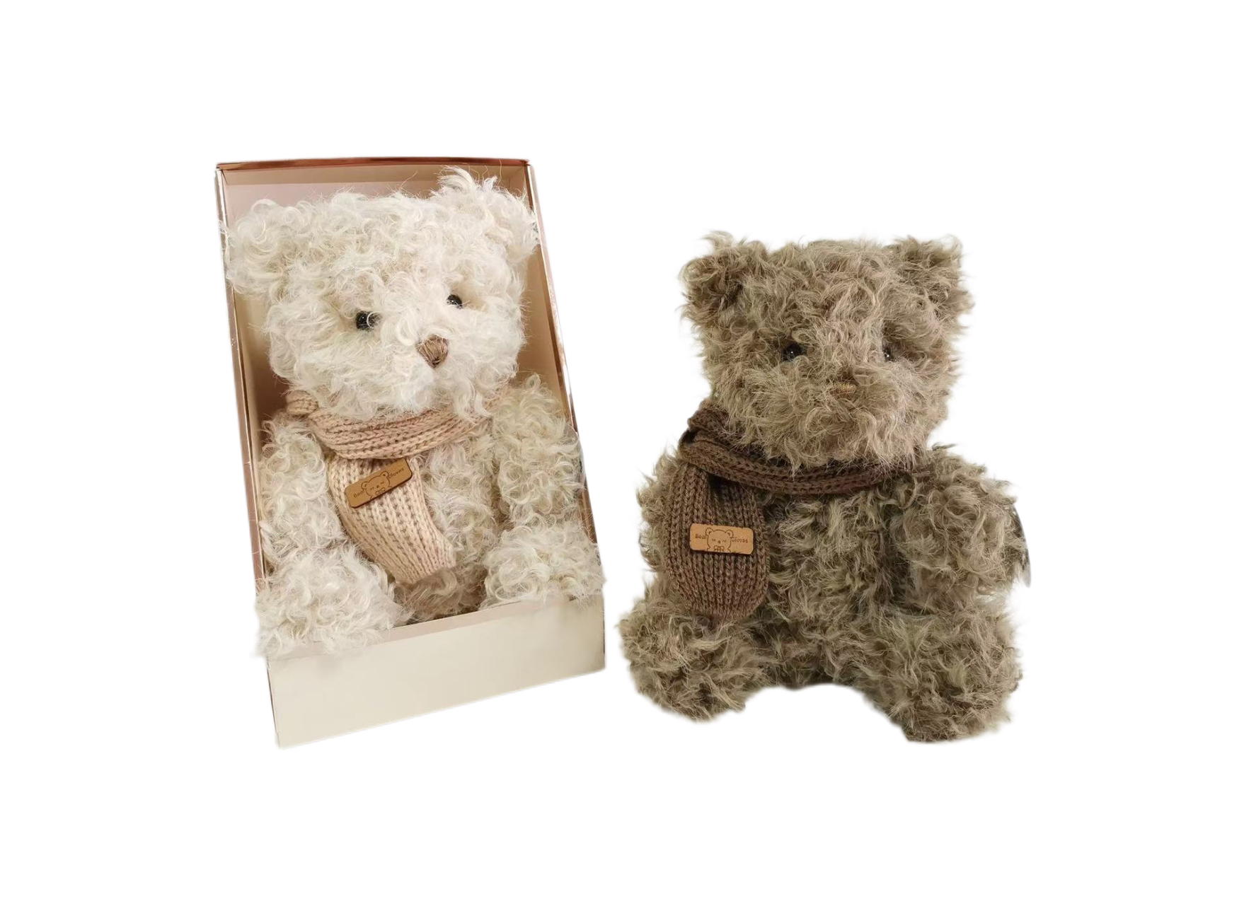 Wholesale Curly Plush Teddy Bear Set - Elegant Scarf - Adorned Stuffed Animals (Gift - Boxed White & Brown)
